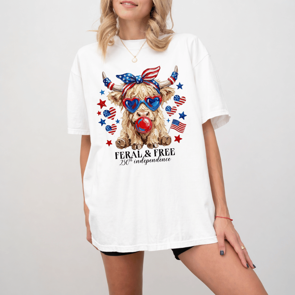 Feral & Free Highland Cow Comfort Colors Shirt – 4th of July Gift for Her, Funny Patriotic USA Tee - detail view
